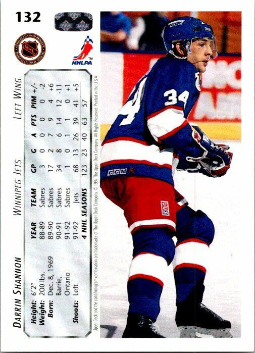 Darrin Shannon Winnipeg Jets Hand Signed 1992-93 Upper Deck Hockey Card 132 NM