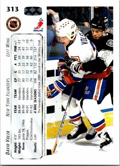 David Volek New York Islanders Hand Signed 1992-93 UD Hockey Card 313 NM