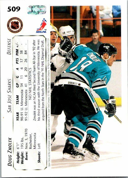 Doug Zmolek San Jose Sharks Hand Signed 1992-93 Upper Deck Hockey Card 509 NM