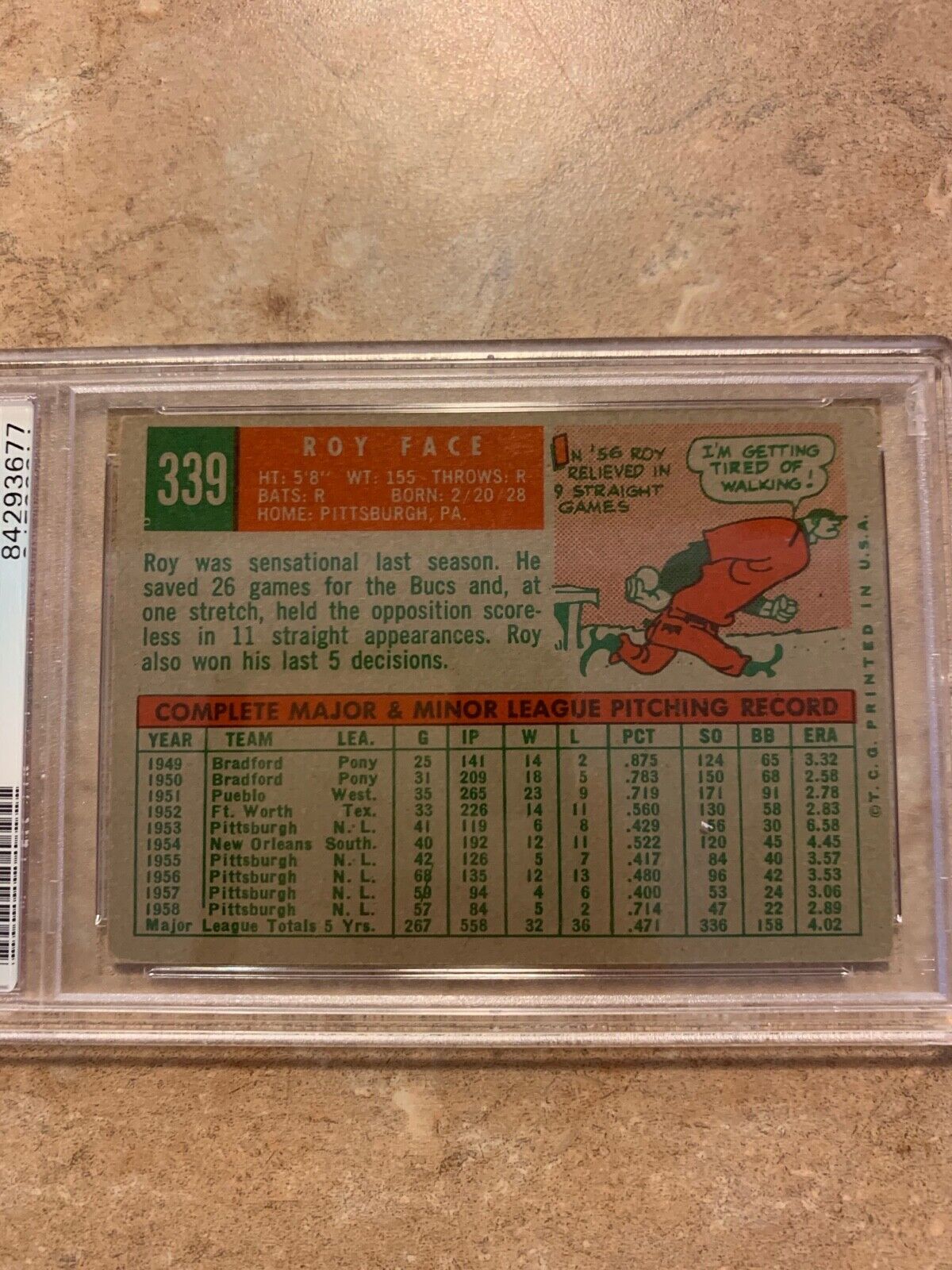 El Roy Face Autographed 1959 Topps Baseball Card 339 PSA Certified & Slabbed