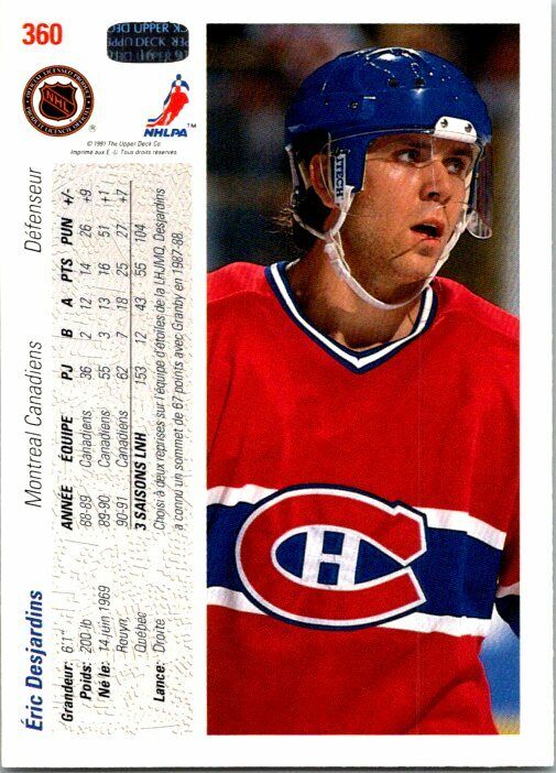 Eric Desjardins Montreal Canadiens Hand Signed 1991-92 UD Hockey Card 360 NM