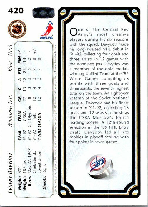 Evgeny Davydov Jets Hand Signed 1991 Upper Deck Hockey Card 420 NM