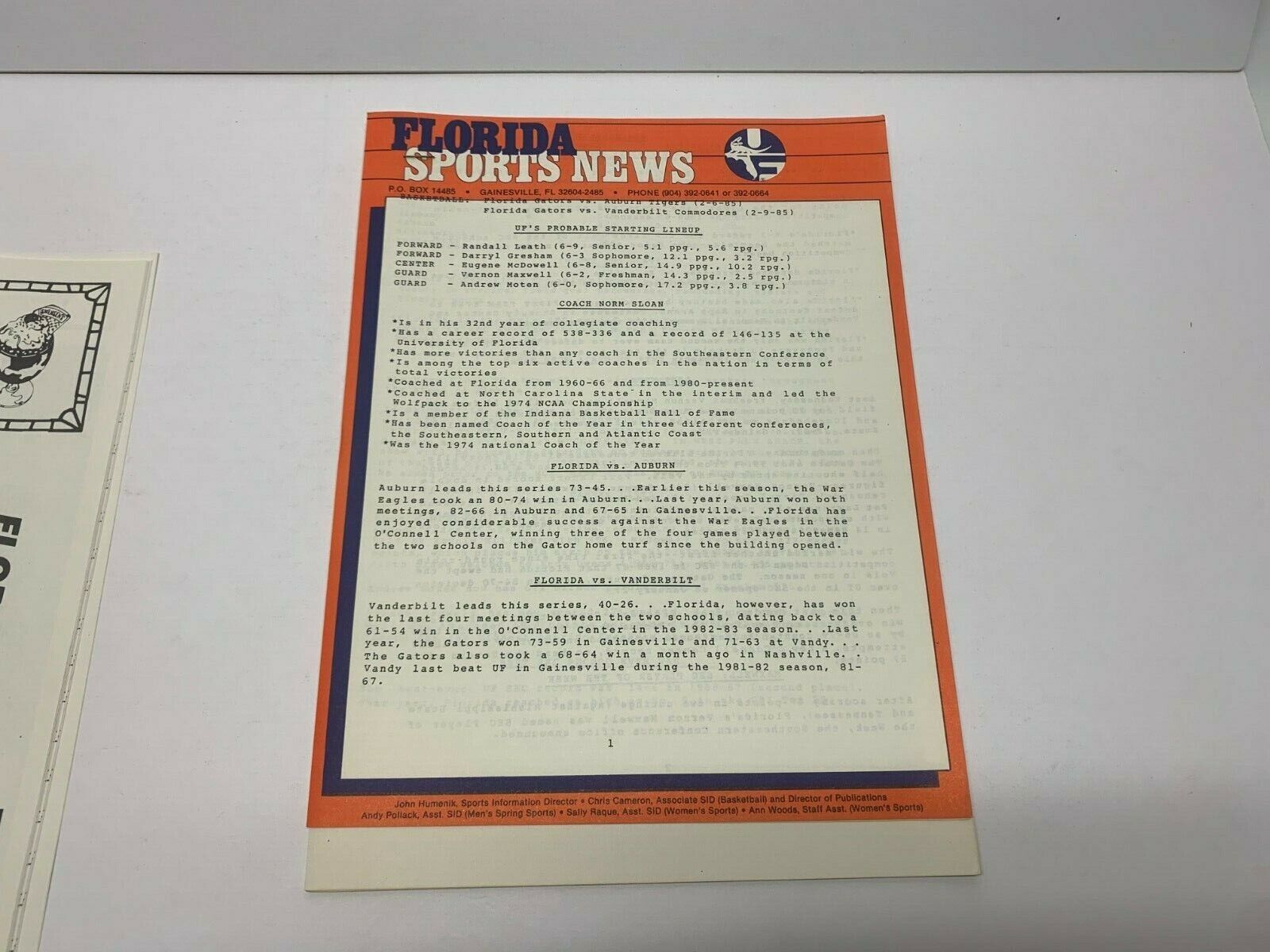 Florida Gators Basketball Official Game Program 1985 Game vs Auburn Ex