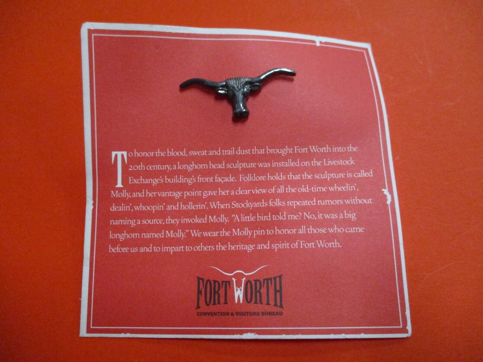 Fort Worth Convention and Visitors Bureau Longhorns Logo Pin Red Paper Holder