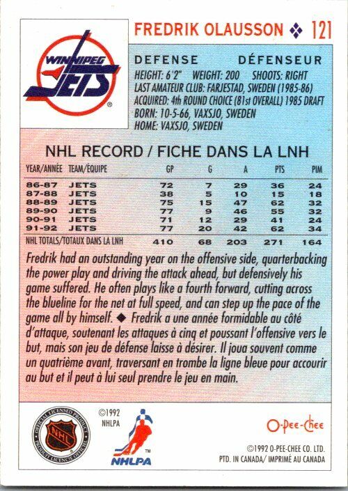 Fredrik Olausson Winnipeg Jets Hand Signed 1992-93 OPC Hockey Card 121 NM-MT