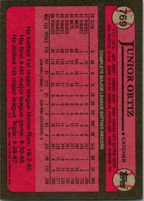 Gerald Young Houston Astros 1989 Topps Misprint Card Junior Ortiz Backside