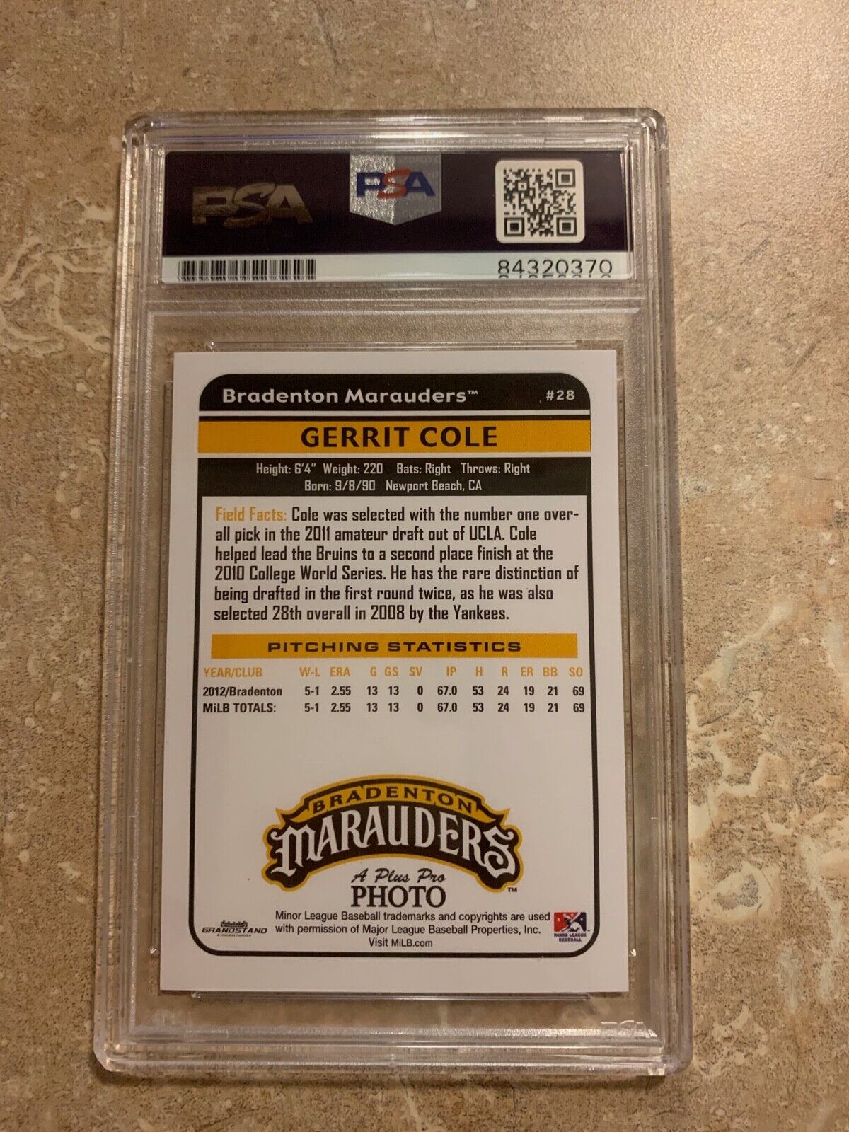 Gerrit Cole Autographed 2013 Bradenton Marauders Baseball Card PSA Slabbed