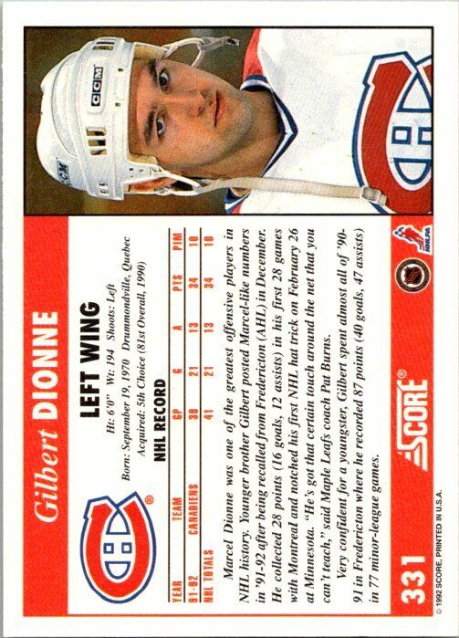 Gilbert Dionne Montreal Canadiens Hand Signed 1992-93 Score Hockey Card 331