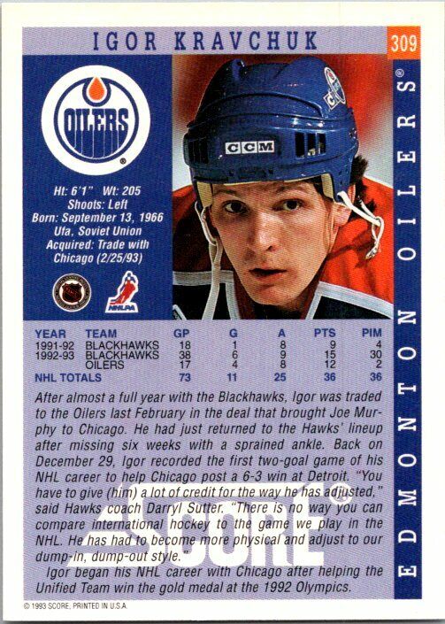 Igor Kravchuk Edmonton Oilers Hand Signed 1993-94 Score Hockey Card 309 NM