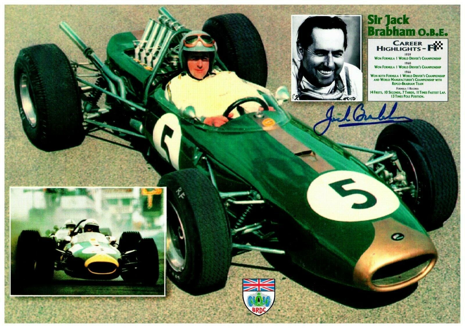 Jack Brabham Sir Jack O.B.E. Formula 1 Driver 8.25x11.75 Color Photo PSA COA