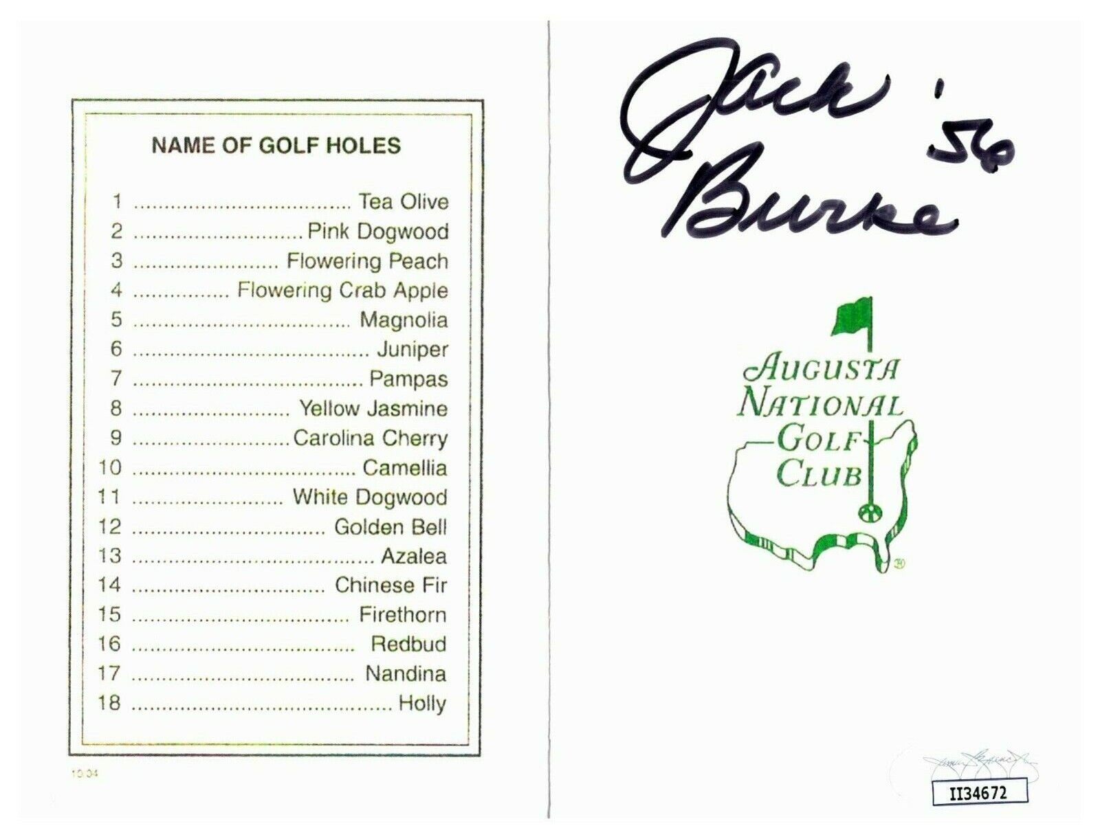 Jack Burke 1956 Masters Scorecard Augusta National Golf Club JSA Authentic