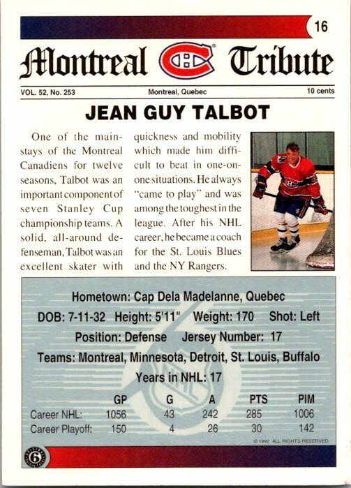Jean Guy Talbot Canadiens Hand Signed 1992-93 Ultimate Hockey Card 16 NM-MT