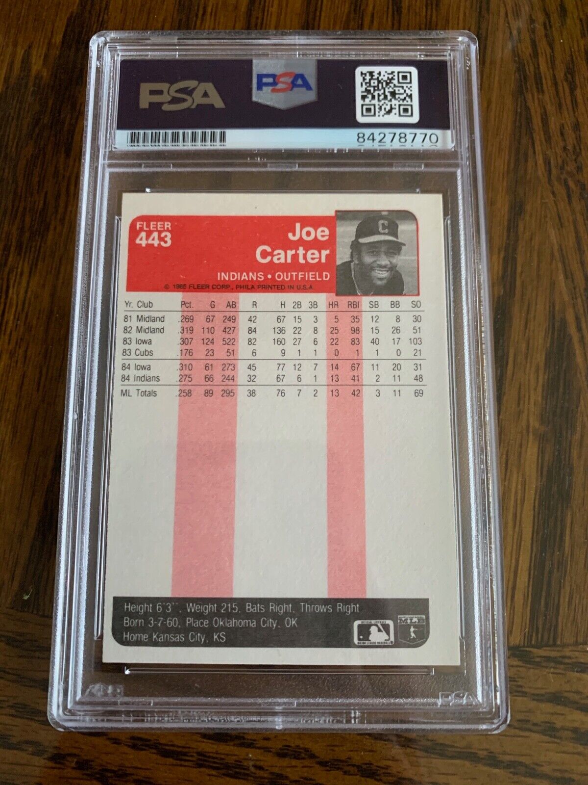 Joe Carter Autographed Signed 1985 Fleer Card 443 PSA Slabbed Certified MLB