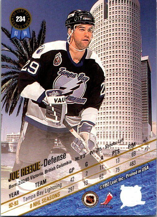 Joe Reekie Tampa Bay Lightning Hand Signed 1993-94 Leaf Hockey Card 234 NM