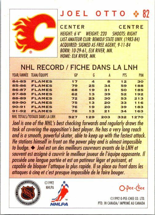 Joel Otto Calgary Flames Hand Signed 1992-93 OPC Hockey Card 82 NM-MT
