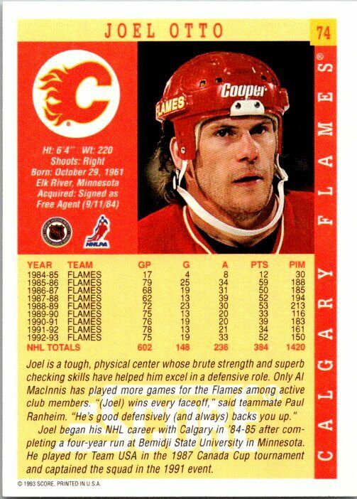Joel Otto Calgary Flames Hand Signed 1993-94 Score Hockey Card 74 NM-MT