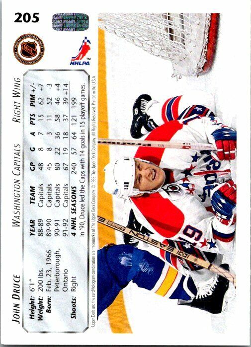 John Druce Washington Capitals Hand Signed 1992-93 UD Hockey Card 205 NM-MT