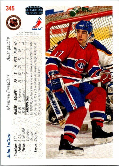 John Leclair Montreal Canadiens Hand Signed 1991-92 UD Hockey Card 345 EX-NM