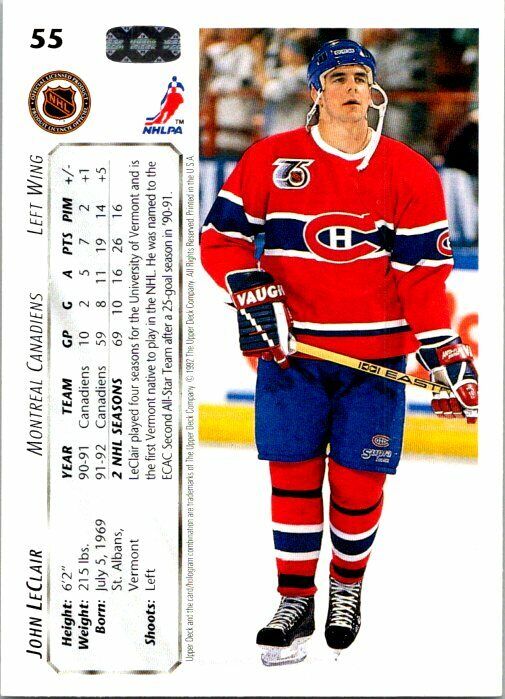 John LeClair Montreal Canadiens Hand Signed 1992-93 UD Hockey Card 55 NM