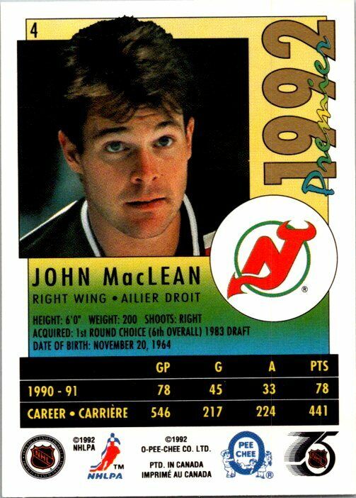 John MacLean New Jersey Devils Hand Signed 1991-92 O-PEE-CHEE Hockey Card 4 NM