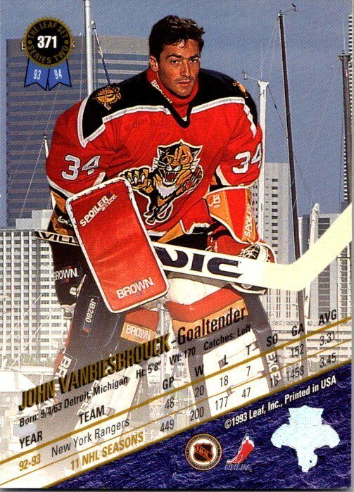 John Vanbiesbrouck Florida Panthers Hand Signed 1993-94 Leaf Hockey Card 371