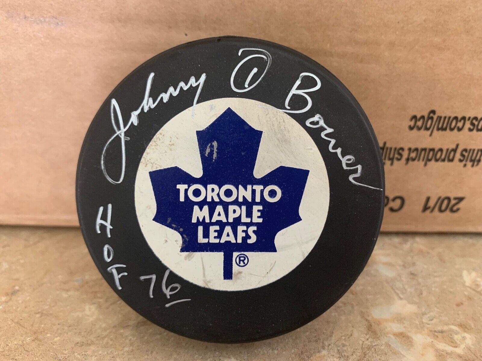 Johnny Bower Autographed Hockey Puck HOF76 Maple Leafs JSA RR99254