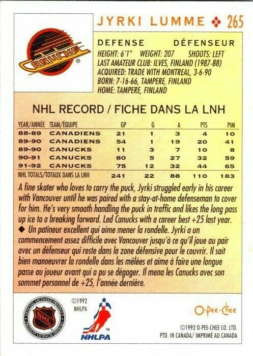 Jyrki Lumme Vancouver Canucks Hand Signed 1992-93 O-PEE-CHEE Hockey Card 265 EX