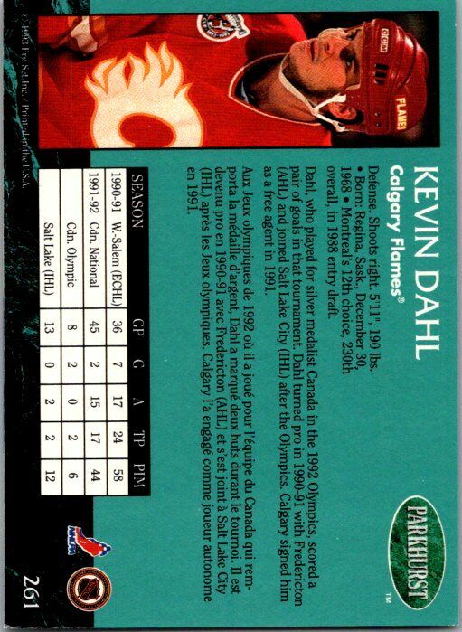 Kevin Dahl Calgary Flames Hand Signed 1992-93 Parkhurst Hockey Card 261 NM-MT