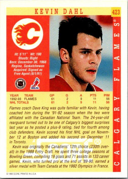 Kevin Dahl Calgary Flames Hand Signed 1993-94 Score Hockey Card 423 NM-MT
