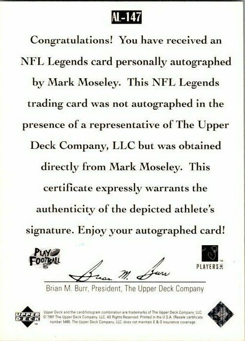 Mark Moseley Washington Redskins 1997 Upper Deck Legends Signed Card  AL-147
