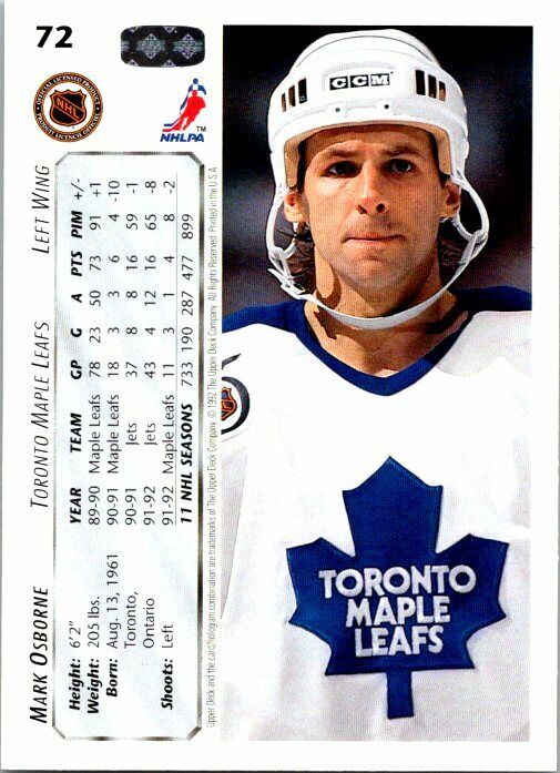 Mark Osborne Toronto Maple Leafs Hand Signed 1992-93 UD Hockey Card 72 NM-MT