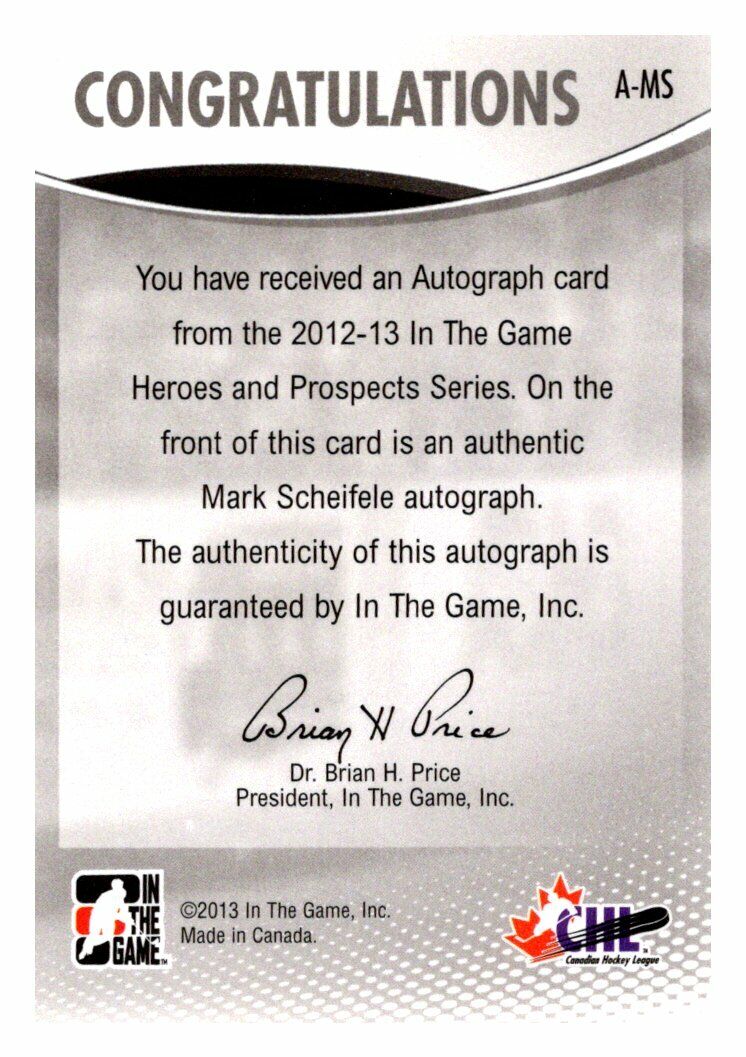 Mark Scheifele Heroes And Prospects AutoCard 2015/16 ING Vault 2013 Signed NM MT