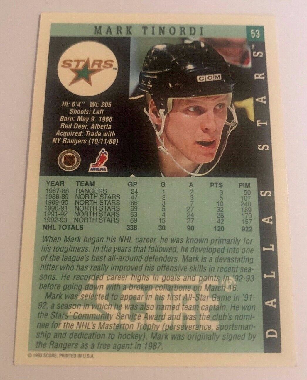 Mark Tinordi Dallas Stars Hand Signed 1993-94 Score Hockey Card 53 NM-MT