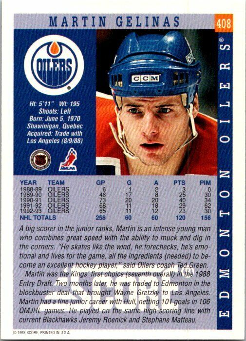 Martin Gelinas Oilers Hand Signed 1993-94 Score Hockey Card 408 NM