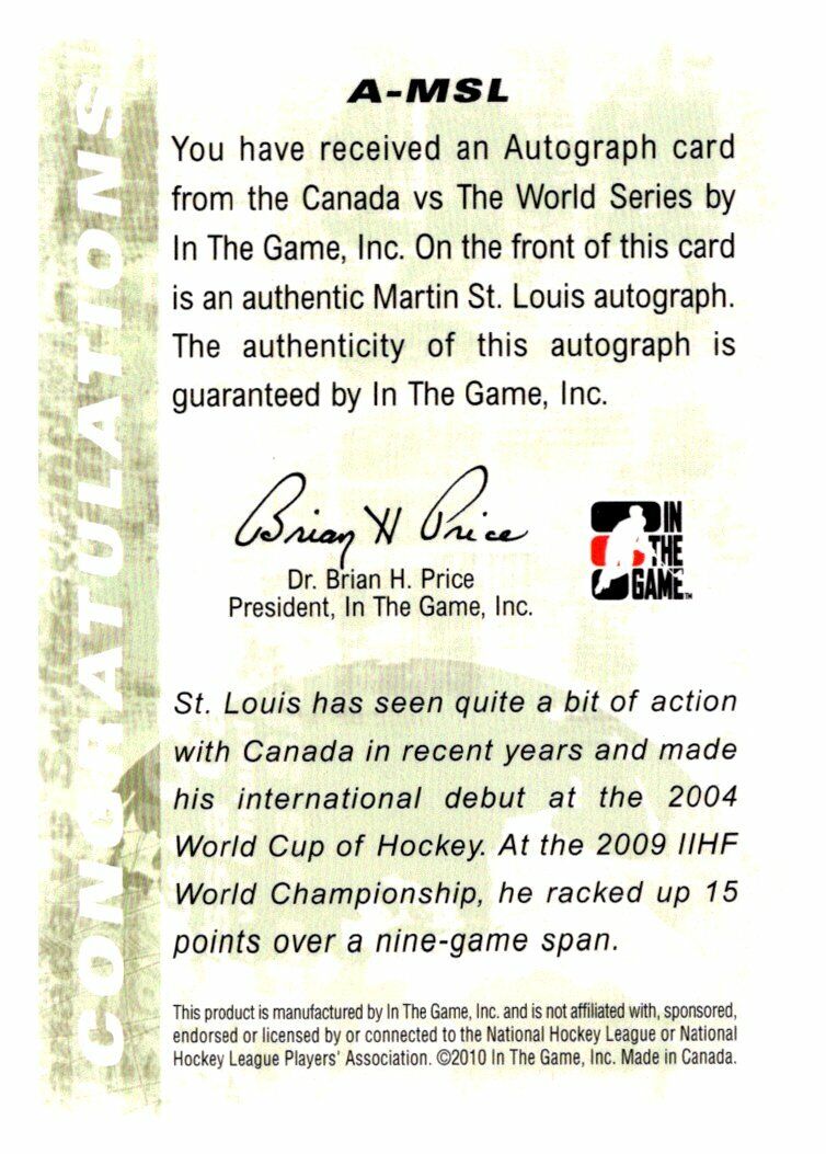 Martin St Louis Canada Vs The World AutoCard 2015/16 ING Vault 2010 Signed
