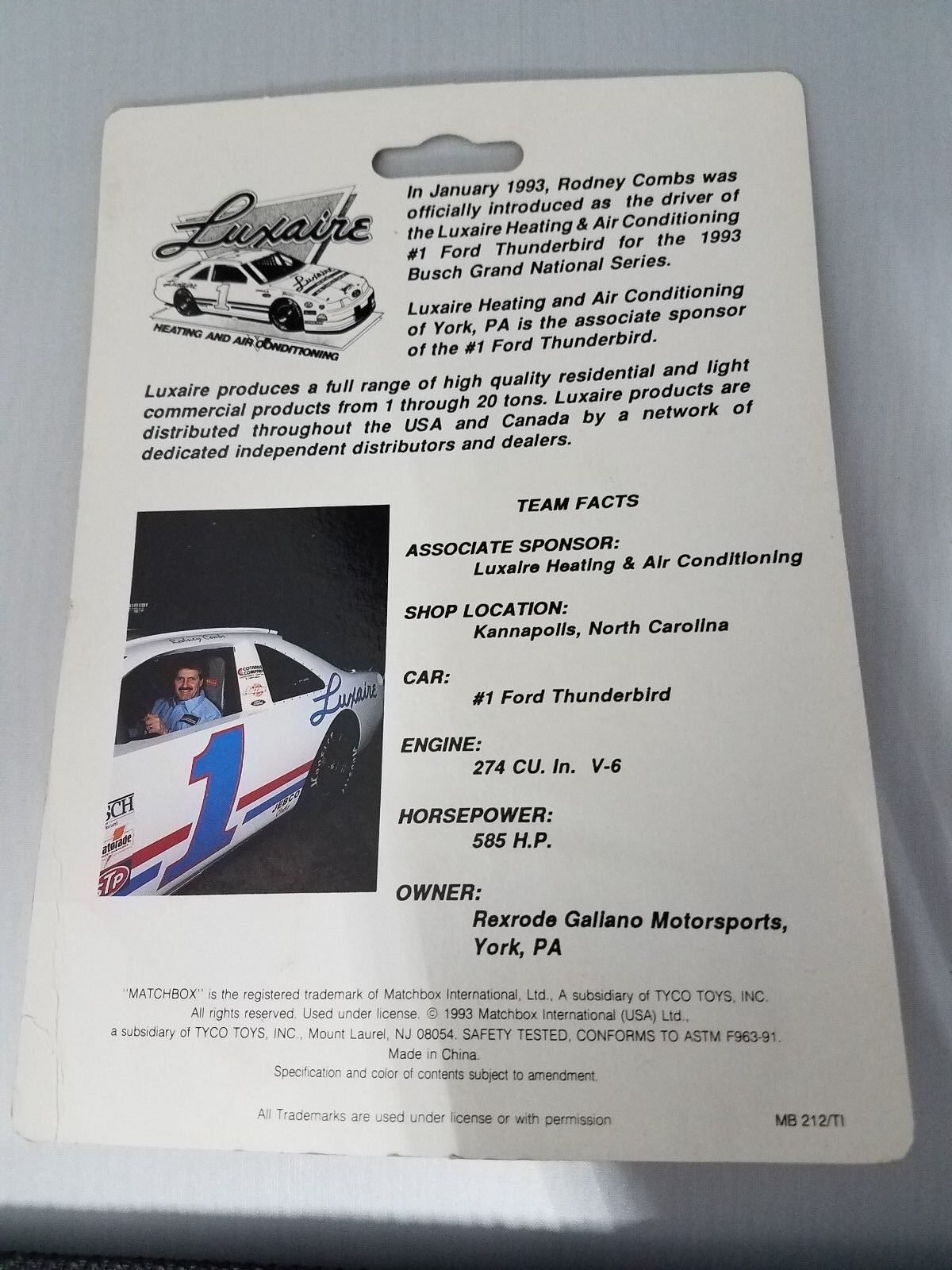 MATCHBOX DIE CAST CAR RODNEY COMBS  1 LUXAIRE 1993