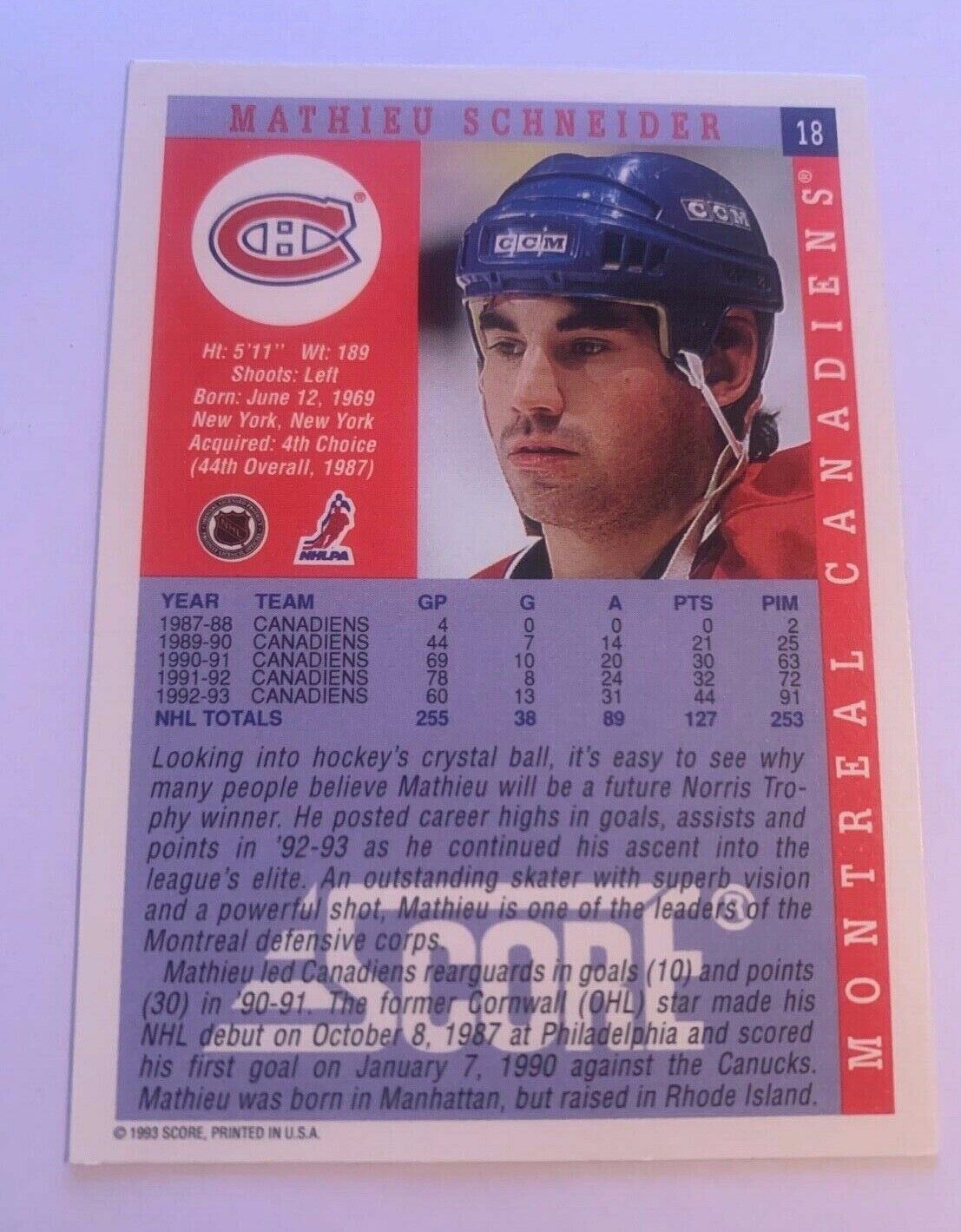 Mathieu Schneider Montreal Canadiens Hand Signed 1993-94 Score Card 18 NM-MT