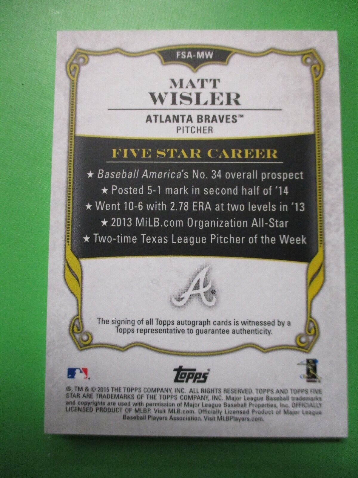 Matt Wisler Rookie Card Topps Certified Autograph Issue 2015 Five Star Autograph