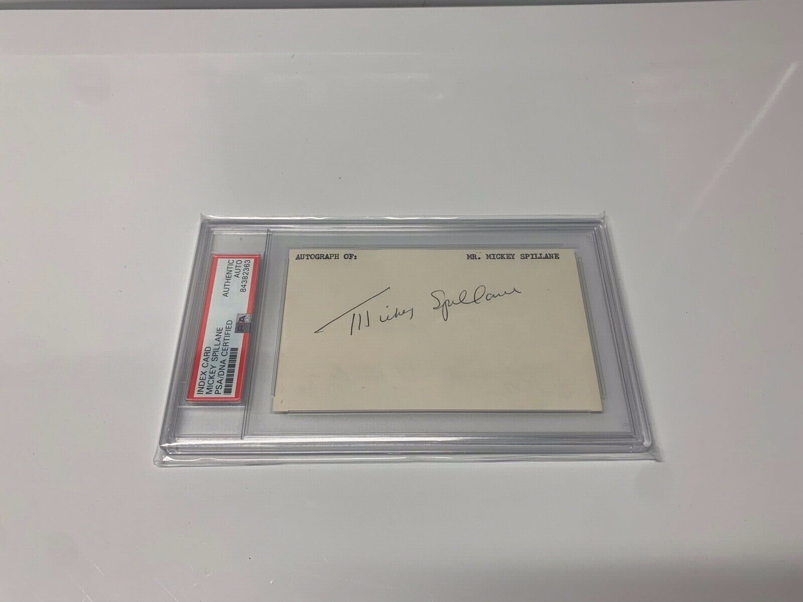 Mickey Spillane Novelist Autographed Index Card PSA Slab Cert. 84382363