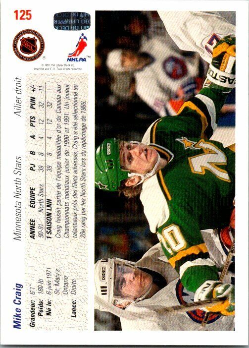 Mike Craig North Minnesota Stars Hand Signed 1991-92 UD Hockey Card 125 NM-MT