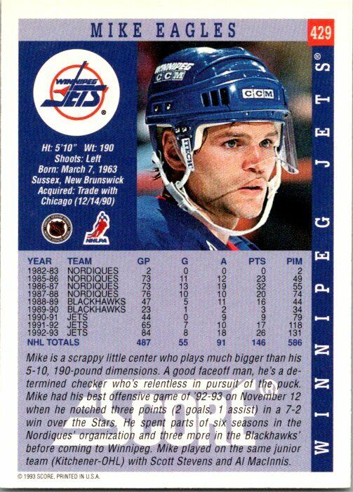 Mike Eagles Winnipeg Jets Hand Signed 1993-94 Score Hockey Card 429 NM-MT