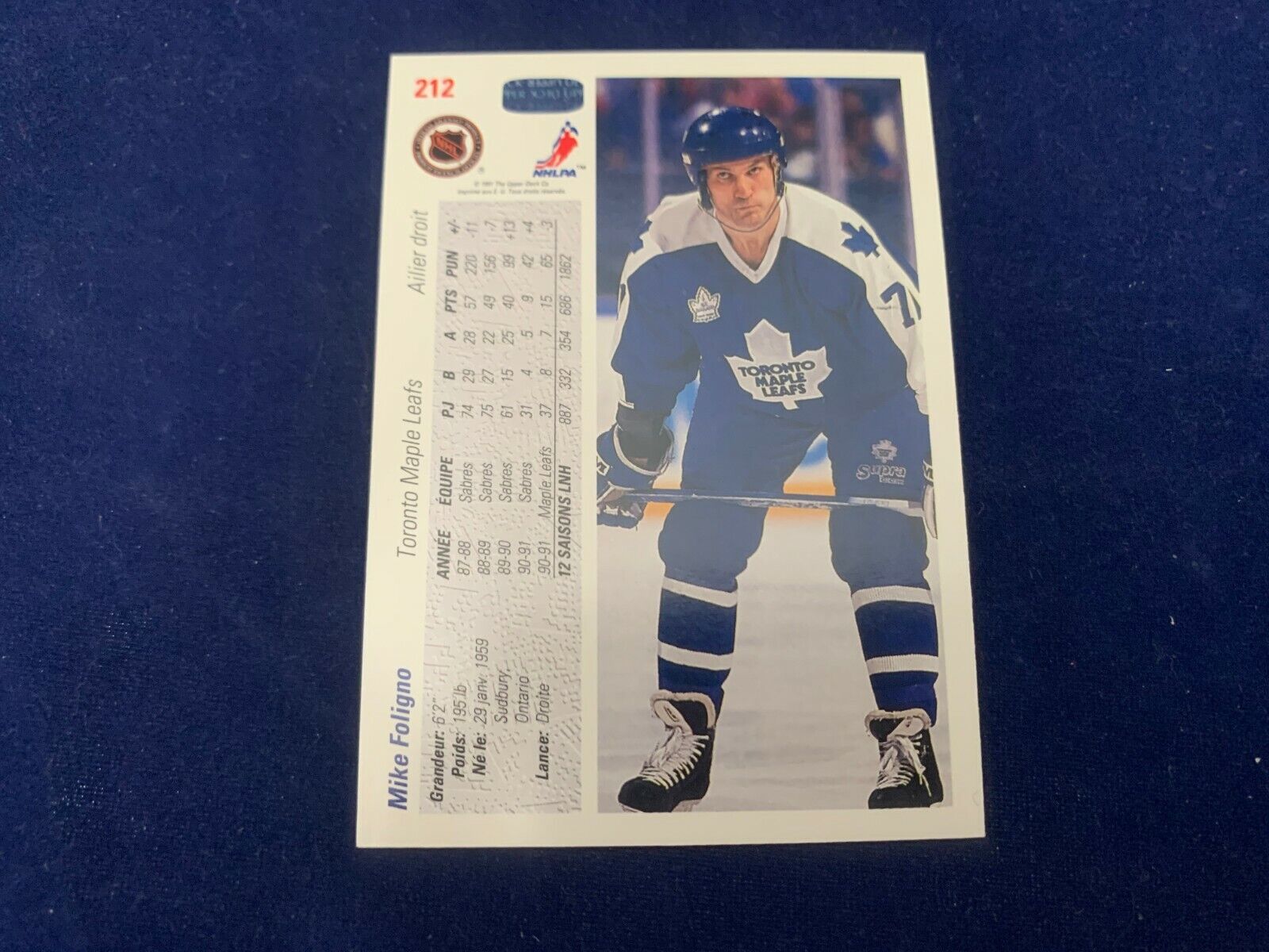 Mike Foligno Toronto Leafs Hand Signed 1991 Upper Deck Hockey Card 212 NM CardB