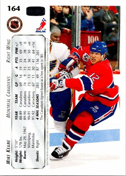 Mike Keane Montreal Canadiens Hand Signed 1992-93 UD Hockey Card 164 in NM-MT