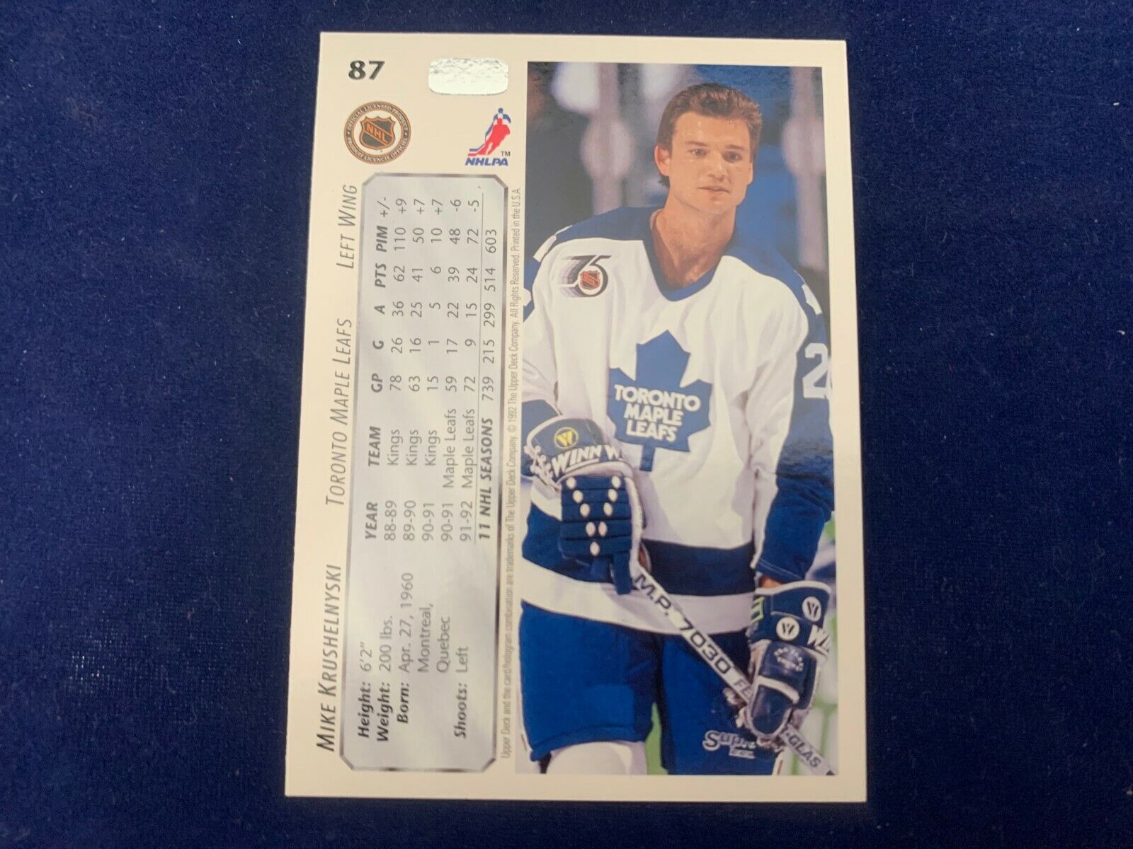 Mike Krushelnyski Toronto Leafs Hand Signed 1992 Upper Deck Hockey Card 87 NM