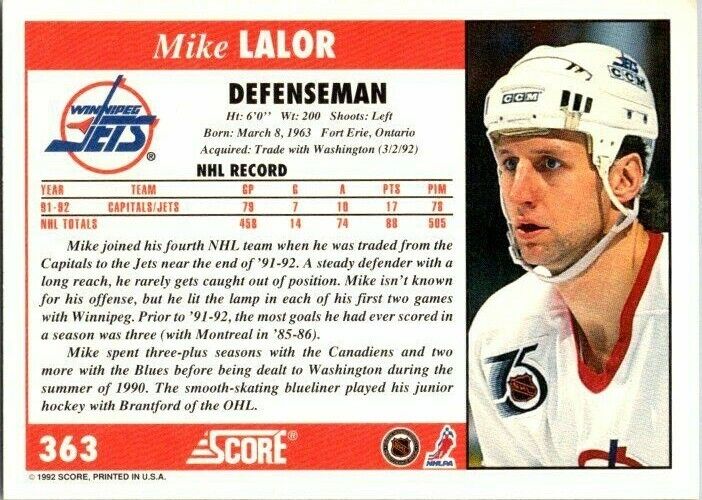 Mike Lalor Winnipeg Jets  Hand Signed 1992-93 Score Hockey Card 363 NM
