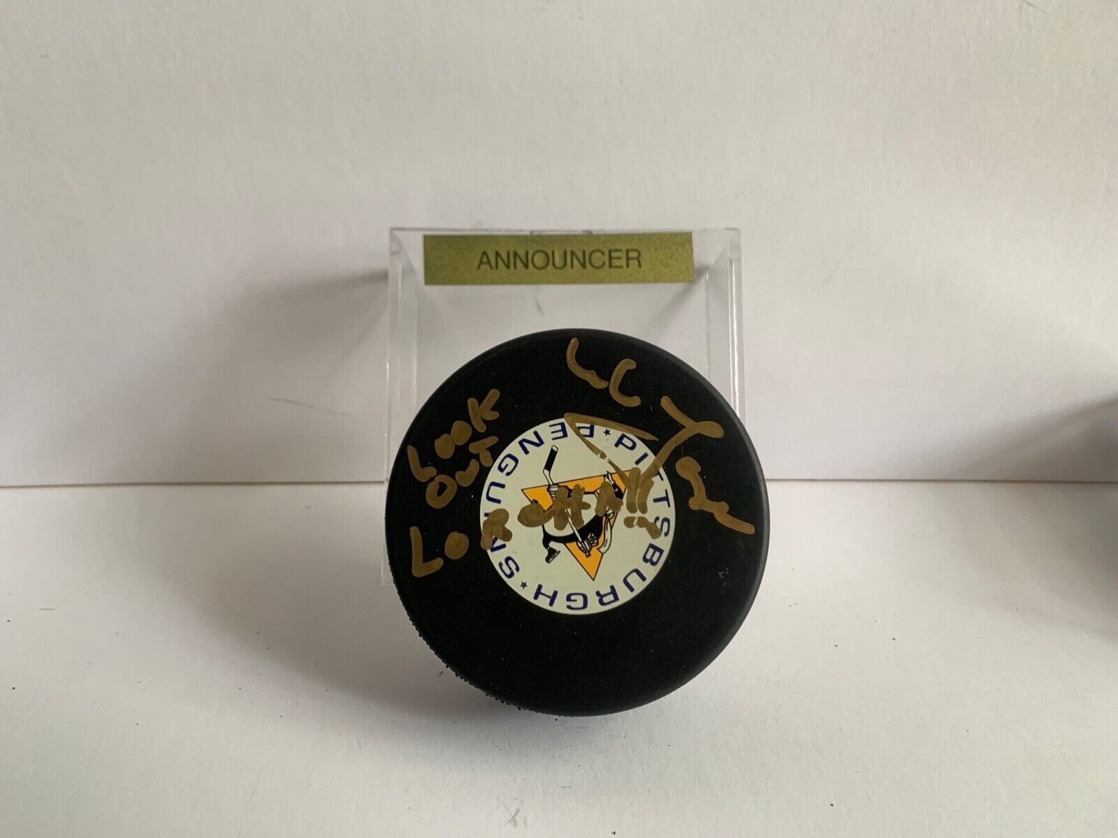 Mike Lange Penguins Announcer Autographed NHL Puck Lookout Loretta Inscription