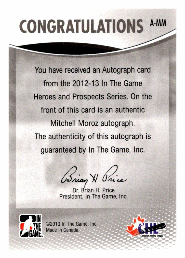 Mitchell Moroz Heroes And Prosects AutoCard 2015/16 ING Vault 2013 Signed NM MT