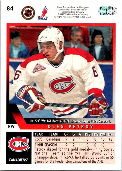 Oleg Petrov Montreal Canadiens Hand Signed 1993-94 Upper Deck Hockey Card 84 NM