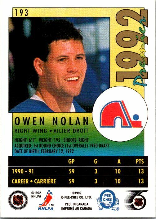 Owen Nolan Quebec Nordiques Hand Signed 1991-92 O-PEE-CHEE Hockey Card 193 NM