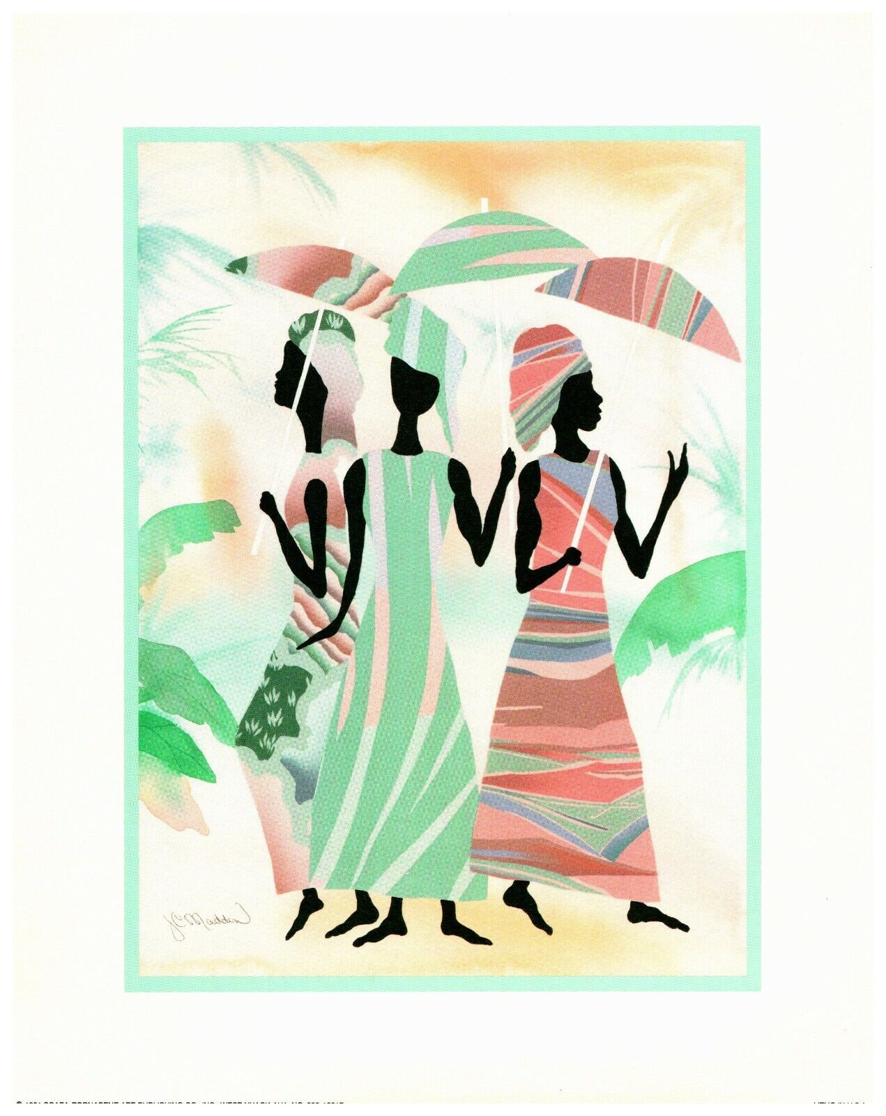 Pastel Umbrella Women 8x10 1991 Vintage Scafa-Tornabene Art Publishing Litho